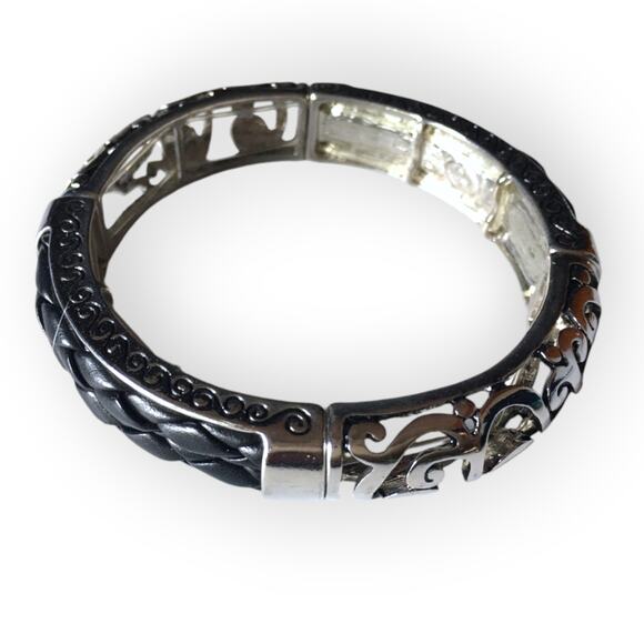 Braided black faux leather and scrollwork cut silver tone stretch bracelet - Picture 1 of 7